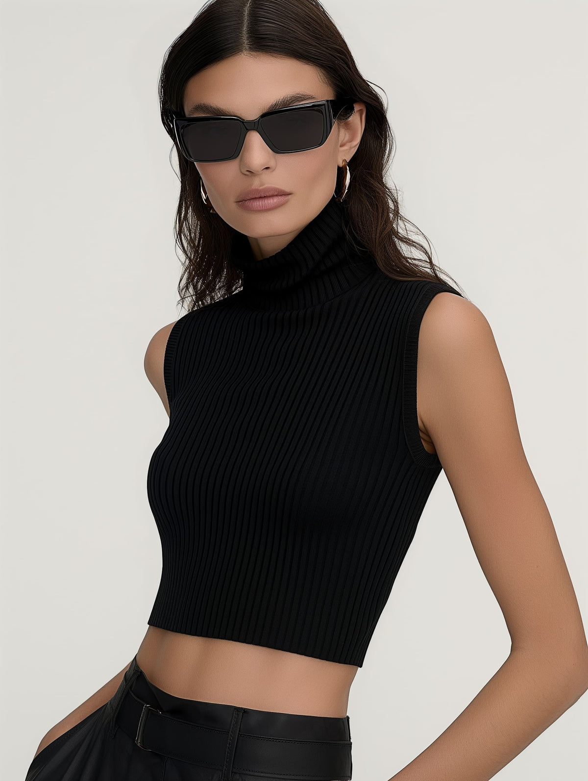 Ribbed Turtleneck Sleeveless Top-1