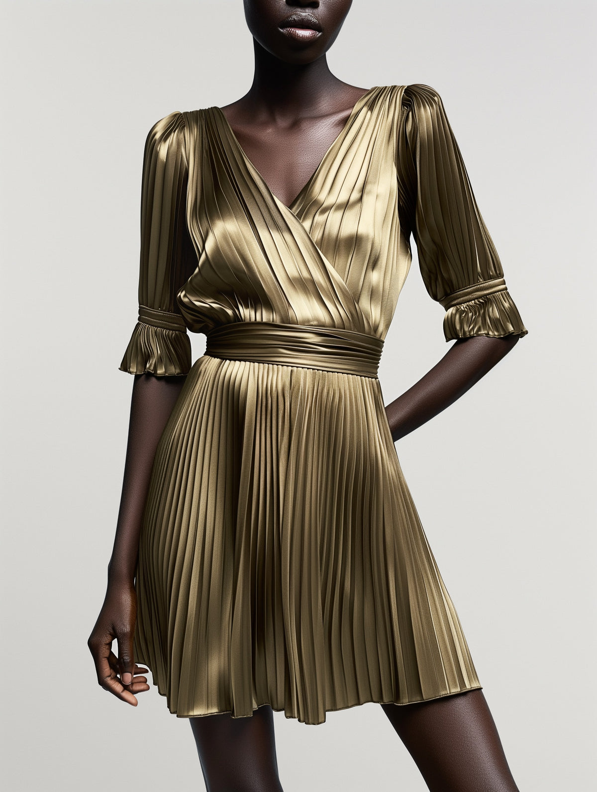 Pleated V-Neck Mini Dress-1