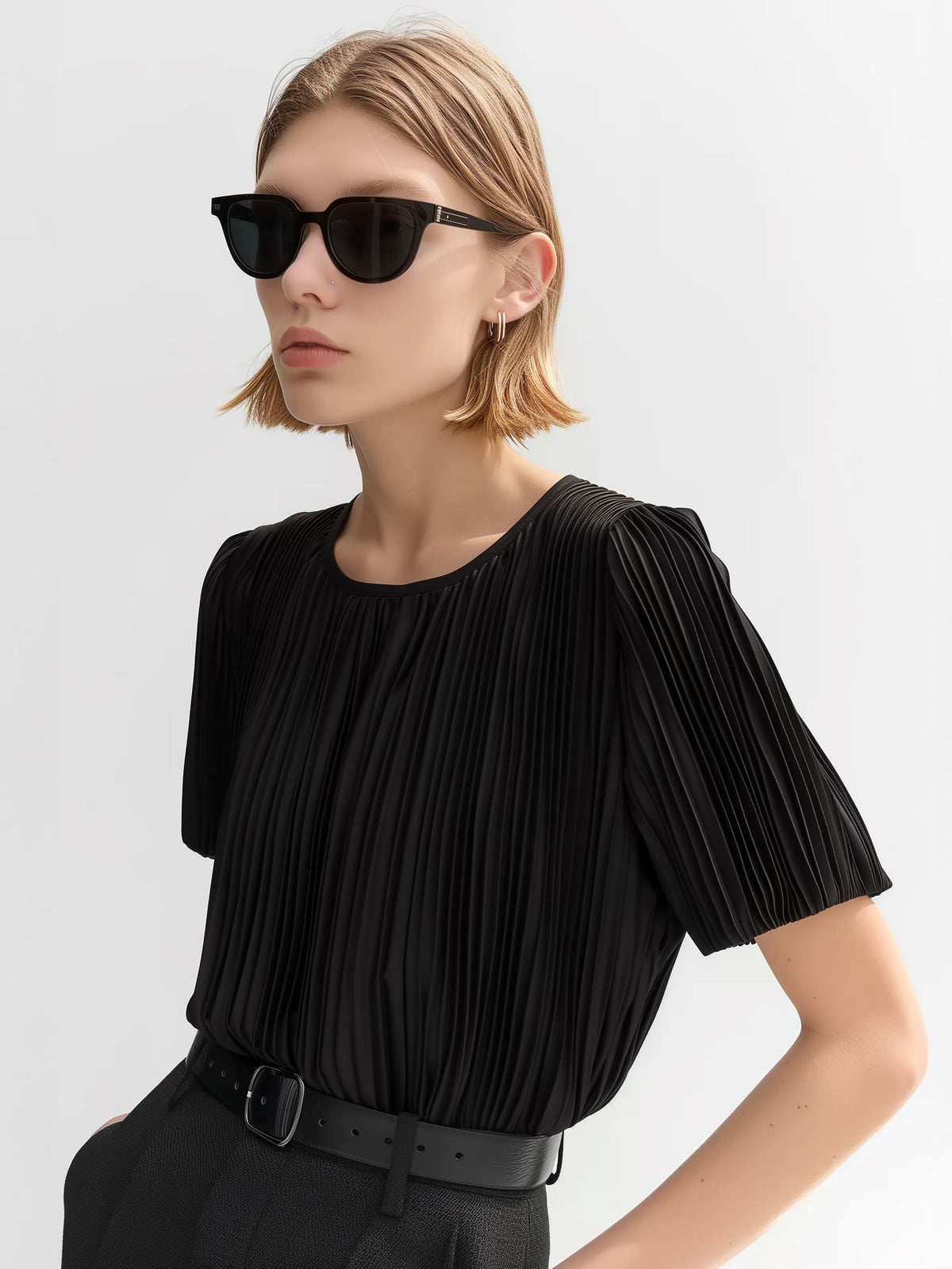 Pleated Short Sleeve Blouse
